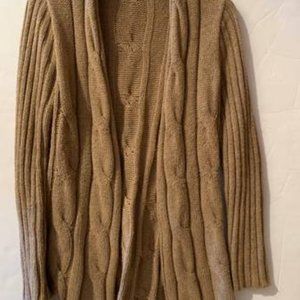 CAbi #591 Open Cable Cardigan Sweater Tan Beige Light Brown SMALL